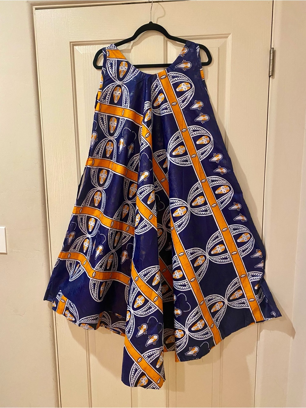 Women’s African Mask Print Sleeveless Ankara Print Dress in Blue and Orange
